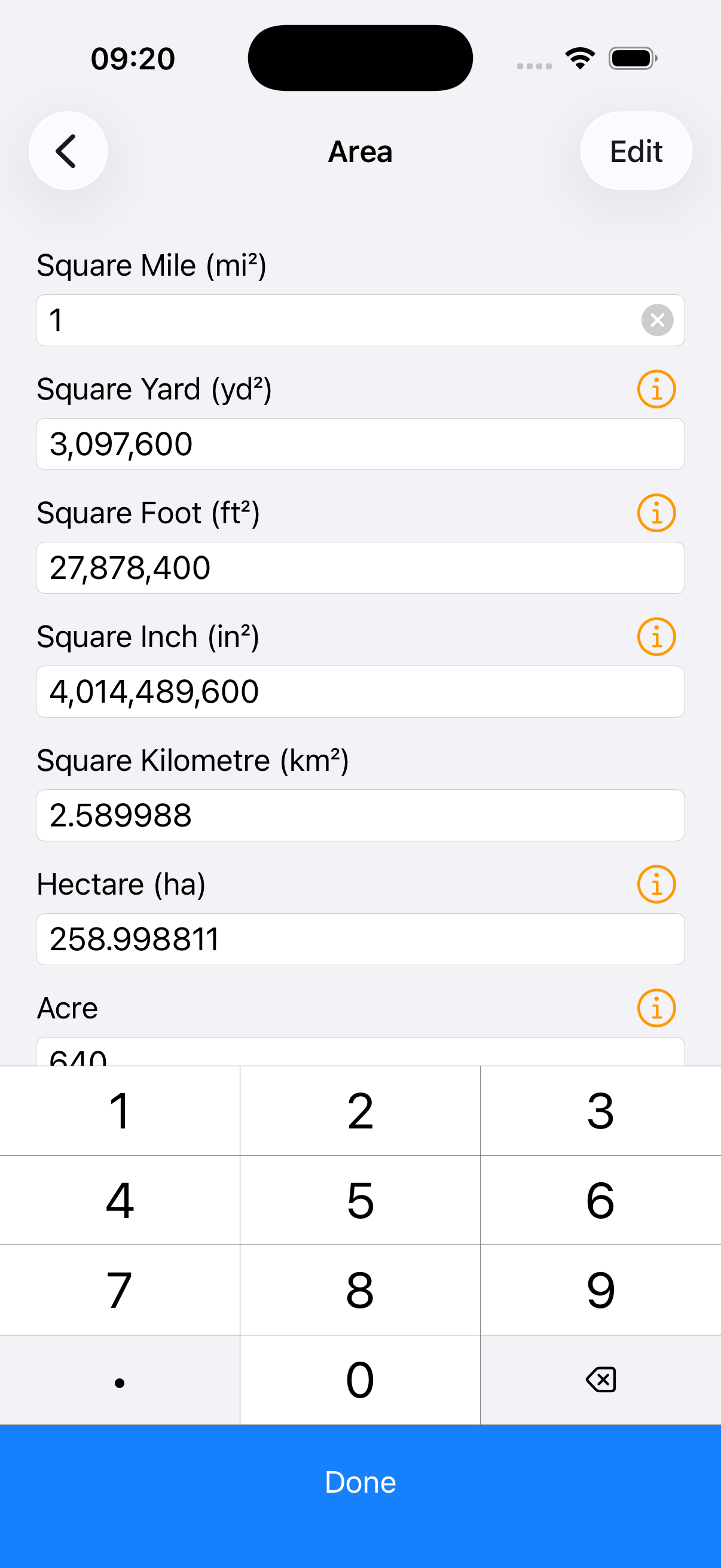 Units app showing area conversion